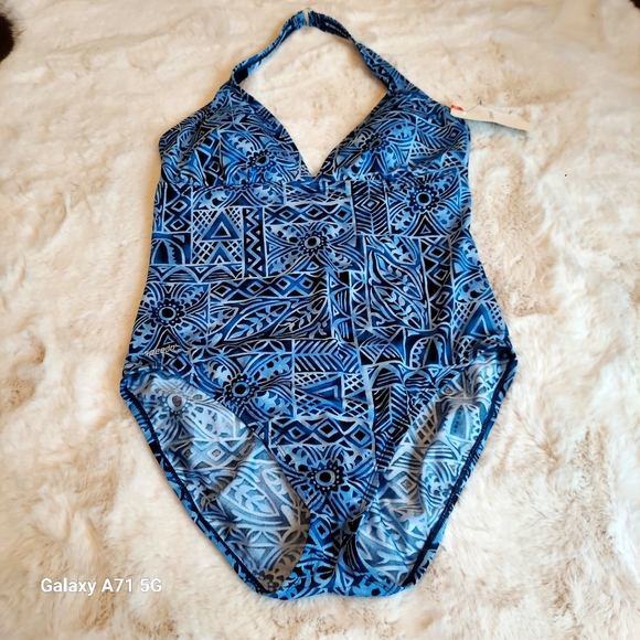 NWT Speedo Halter Tank Bathing Suit Blue Black  Print Sz 16 - Picture 3 of 14